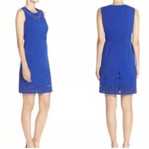Eliza J Laser Cut Crepe Sleeveless Sheath Dress - Size 4 - Blue